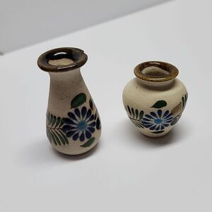 Set of 2mall Miniature Vintage Mexican Pottery Handpainted Vase with Blue Flower